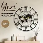Yezi 60cm Modern Wall Clock World Map Big Roman Numeral Metal Silent Home Office