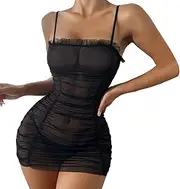 [Generic] Sexy Gowns for Bedroom Women Ruched Frill Trim Sheer Mesh Dress Slips with Thong Pants Mini Casual Tops Dress See Through Panties and Bras