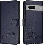 [ScandiCasis] Google Pixel 7 Flip Case, Cat Pattern Leather Cover with [Card Slots] [RFID] [Wallet] [Kickstand] Shockproof Case, Blue