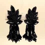 E314 Vintage Handmade black seed beaded sequins clip on Dangle fashion earrings