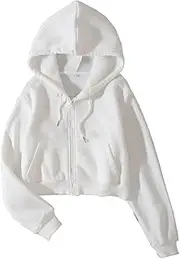 [LOFAAC] Women Fleece Full Zip Up Cropped Hoodie Sweatshirt 90s Long Sleeve Drawstring Hooded Crop Jacket Top with Pockets