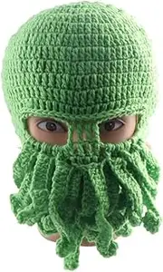 [Leadigol] Octopus Beard Hat,Octopus Beanie Hat Winter Warm Octopus Hat,Knit Caps Ears Warm Earflap,Squid Beanie Cap,Octopus Beanie Facemask Halloween Costume Green, Green, 4-5