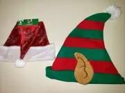 2 CHRISTMAS HATS 1 NEW RED SANTA SILVER SNOWFLAKES ELF EARS one size fits most 2