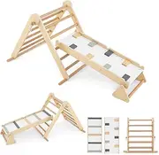 HONEY JOY 3-in-1 Pikler Triangle Climbing Set, Kids Montessori Climbing Toys w/Dual-Side Ramp & Adjustable Climbing Triangle, Foldable Wooden Climber for Boys Girls Over 3 Years Old