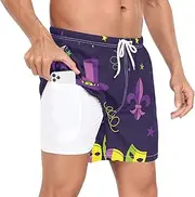 [GuoChe] Men's Swimming Shorts Men 2In1 Running Shorts Mardi Gras Carnival Fat Tuesday Purple with Pockets and Compression