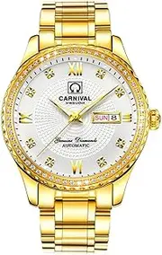 [TEINTOP] Men's Analog Luminous and Bezel Inlay Rhinestones Fashion Business Automatic Mechanical Calendar Watch