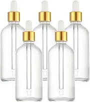 5 Packs Clear Glass Bottle,Essential Oil Dropper Bottles Perfume Sample Vials Cosmetic Containers With Glass Eye Dropper And Gold Lids (100ml/3.4oz)
