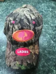 NEW LADIES' MOSSY OAK CAMO ADJUSTABLE HAT WITH BRIGHT PINK AND ORANGE EMBROIDERY