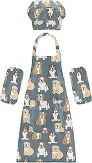 AIXIWAWA Kids Apron Chef Hat Set, Child Kitchen Bib Aprons Adjustable for Cooking Baking Painting (Cartoon Bulldog)