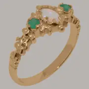 Solid 14k Rose Gold Natural Opal & Emerald Womens Trilogy Ring - Sizes 4 to 12