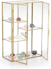 TOLIDA Gold Brass Glass Display Organizer Cabinet with Doule Doors and Lock - 5 Slots Tabletop Storage Holder, Figures Display Case, Decorative Tower Box for Gemstones Agates Rocks Amber
