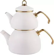 Retro Teapot Set Cream, Enamel, Teapot/Lid (1.1 Lt, 2.4 Lb), Tea Kettle (2.3 Lt,