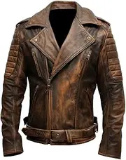 [Sumairah] Mens Motorcycle Stand Collar Distressed Coat Zipper Multi Pockets Lapel Bikers Moto Genuine Leather Jackets
