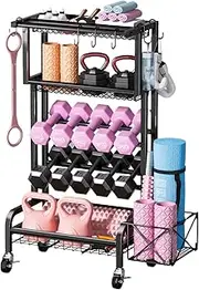KAIGITE Dumbbell Rack, Home Gym Storage, Weight Rack for Dumbbells, Yoga Mat Rack for Dumbbells Kettlebells Foam Rollers Resistance Bands, Workout Equipment Storage with Wheel Hooks