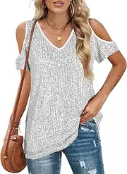[ALLTB] Womens Sequin Cold Shoulder Tops Short Sleeve Summer Sexy Sparkle Shimmer Basic Tee Shirts