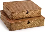 2 Pack Seagrass Baskets with Lid, Wicker Storage Baskets Flat Rattan Storage ...