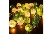1 Set of Green n White 5cm Rattan Cane 50 Ball Battery Powered LONG 5m String Lights Christmas Gift Home Wedding Party Bedroom Decoration Table Centrepiece