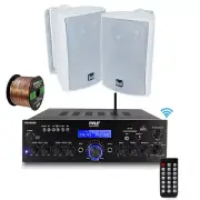 Pyle Amplifier Bluetooth USB AUX Stereo, w/ Dual White Speakers, 50ft 16g Wire