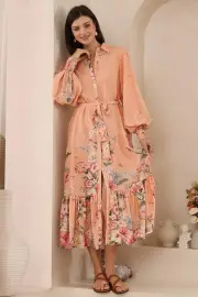 Betty Midi Dress - Collared Shirt Balloon Sleeve Dress with Matching Belt in Evette Print