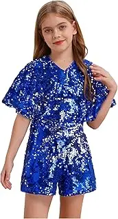 [Choomomo] Girls Sparkly Sequins Dance Romper V-neck Cap Sleeve Kids Pageant Prom Party Shorts Jumpsuit