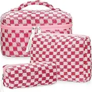 BuyCard Quilted Makeup Bag Set, 3Pcs Large Checkered Corduroy Cosmetic Bags, Cute Coquette Makeup Bag Toiletry Zipper Pouch Bag for Women and Girls Checkered, Hot Pink, Preppy, Classic Chessboard