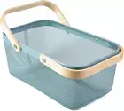 Portable Garden Harvest Basket-Mesh Design Natural Bamboo Handle Wire Storage