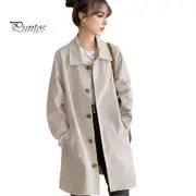 Women Jacket Turn-down Collar Long Sleeves Button-down Windbreaker Loose Pockets Mid Length Outdoor Travel Commuting Overcoat beige XXXL