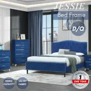 Priceworth Bed Frame Double Queen Size Platform Velvet Fabric Navy Blue