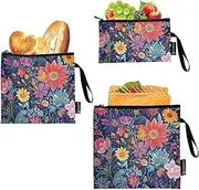 Red Flowers Navy Blue Pack of 3 Reusable Travel Snack Bags Portable Diaper Bag Organization for Kids School Lunch and and Adults Portion