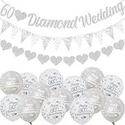 60th Wedding Anniversary Decorations Banners, 60th Diamond Wedding Glitter Banners, 60th Anniversary Bunting Flag and Balloons for Anniversary Party Supplies