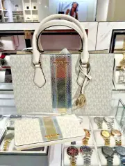 Michael Kors Sheila Medium Center Zip Satchel Bag+Continental Wallet (Pale Gold)