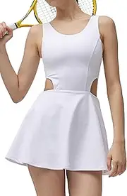 [SUHK ASANA] Women’s Athletic Golf Tennis Dress One Piece Built-in Bra & Shorts Pockets Workout Dress Sleeveless Gym Dress