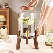 Glass Beverage Dispenser with Wooden Stand & Metal Tap - Large Capacity Drink Dispenser for Wedding, Party, Buffet - Ideal for Juice, Iced Tea & Cocktails(6L)(6l)