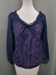 New NWT American Eagle Navy Blue Purple Stitching Peasant Blouse Medium M
