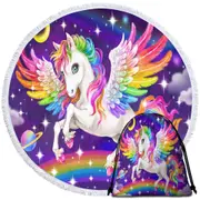 Magical Galaxy Space Colorful Rainbow Pegasus Round Beach Towel