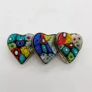 Mexican Glass Triple Heart Brooch Millefiori Floral Multicolor