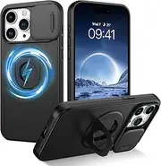 DOMAVER for iPhone 15 Pro Max Case with Magnetic Rotatable Kickstand & Slide Camera Cover, [Compatible with MagSafe], Heavy Duty Shockproof Case for iPhone 15 Pro Max 6.7", Black