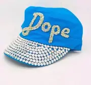 Women Cadet Cap Hat DOPE Rhinestone Heart Wing NWT Blue Distressed Hat Cap