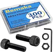 300PCS M3 x 10mm Hex Socket Head Cap Screws with Nuts and Washers, 12.9 Grade Alloy Steel M3 Bolts with Hex Wrench