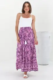 Thea Maxi Skirt - High Waisted Tiered Skirt with Modest Split in Ursulla Print Purple
