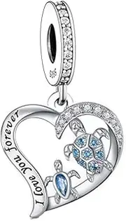 [Mon & Sons] Mother Daughter Son Sea Turtle I Love You Forever Heart Charm Bead Pendant 925 Sterling Silver Dangle Compatible With Pandora Charm Bracelet, Metal
