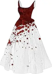 [Kaniem] Halloween Dresses Plus Size Ladies' Halloween Bloody Print Casual Party Round Neck Sexy Sleeveless Dress, D4-Beige, Medium, D4-beige, Medium