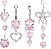 [Tomovely] 5 Pieces Dangle Belly Button Rings Piercing Jewelry for Women Surgical Stainless Steel Dangling Belly Ring Pack with Heart Bow Elements 14g