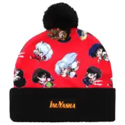 Bioworld Inuyasha Chibi Characters Pom Knit Cuffed Beanie Cap Hat Red/Black NWT
