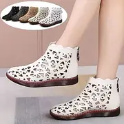 Women's White Hollow-Out Ankle Boots – Stylish Cutout Leather Booties with Soft Sole, Casual Vintage Shoes for Spring Summer