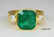 3-Stone Wedding Jewelry Ring Cushion Cut 2.95CT Real Emerald 14K Yellow Gold FN