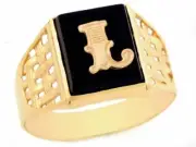10k or 14k Yellow Gold Bold Black Onyx Mens Basket Weave Initial Letter L Ring