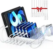 SooPii 8-Port USB-C Charging Station for Multiple Devices, with 1 PD 20W Port Supports Fast Charging, 8pcs Mixed Charging Cables and 1pcs Upgraded Holder for lWatch Charger & Air-Pods, White