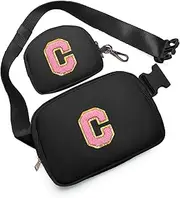 [sawgos] Birthday Gifts for 4 5 6 7 8 9 10 11 12 13 Year Old Girls, Crossbody Bags Fanny Pack with Initial Letter Patch Cute Stuff for Women Girls Teens, Black, Medium, C