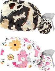 [YTYVAGT] 2-Pc,Nurse Scrub Caps,Scrub Hats with Buttons and Cotton Sweatband,Colorful Dogs Bones Paws
